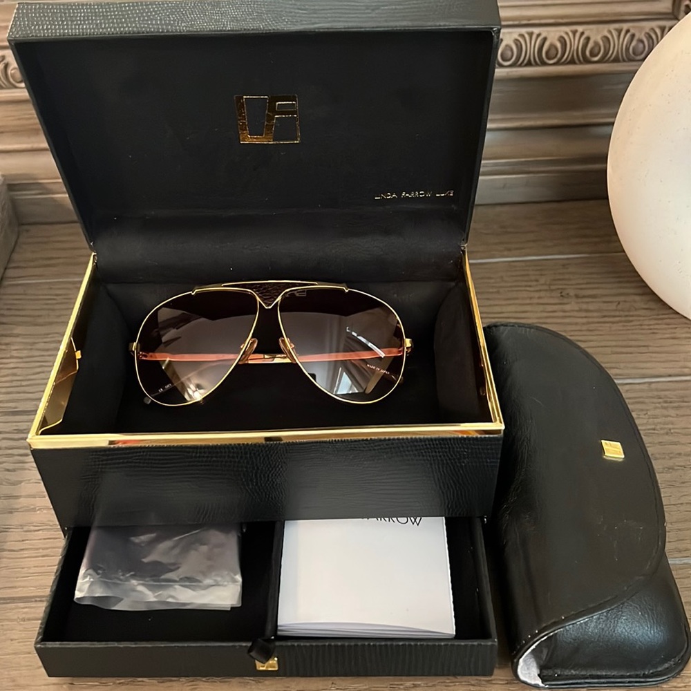 Linda Farrow Lux python and gold shield sunglasses with box, case, cards, cloth